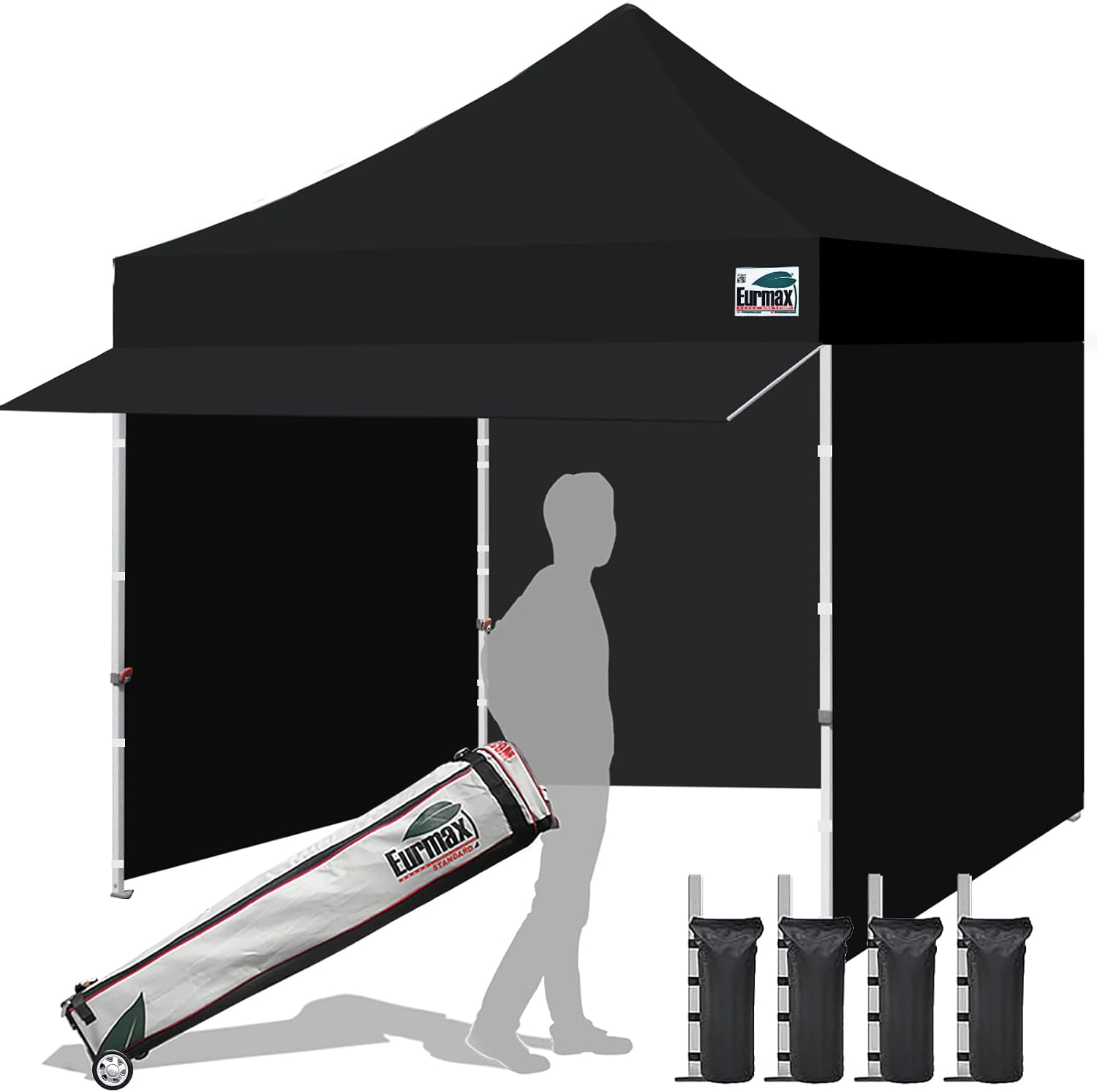 Eurmax USA 10x10 Pop Up Canopy,Commercial Tent with Patented No-Tip Rolling Bag,30sqft Extension Awning & 4 Zippered Removable Walls,UV & Water Resistant,Heavy Duty Instant Shelter Gazebo,White