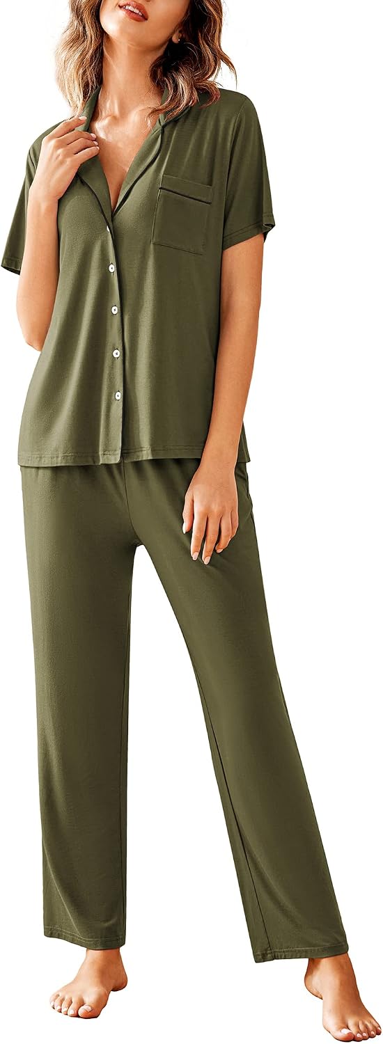 Avidlove Women Pajamas Set Notch Collar Soft Sleepwear Pjs Short Sleeve Button Down Nightwear with Long Pants