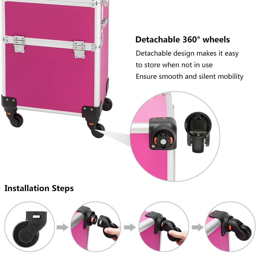 mefeir 3 in 1 Rolling Makeup Train Case, Aluminum Makeup Travel Organizer Cosmetic Case, Cosmetology Display Suitcase on Wheels, Beauty Storage Luggage Lockable w/4 Removable Wheels, Black
