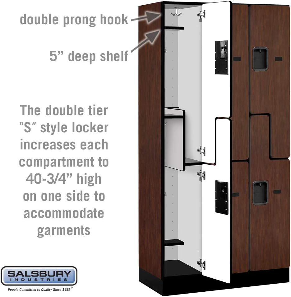 Salsbury Industries 2-Tier S-Style Designer Wood Locker with Three Wide Storage Units, 6-Feet High by 18-Inch Deep, Mahogany