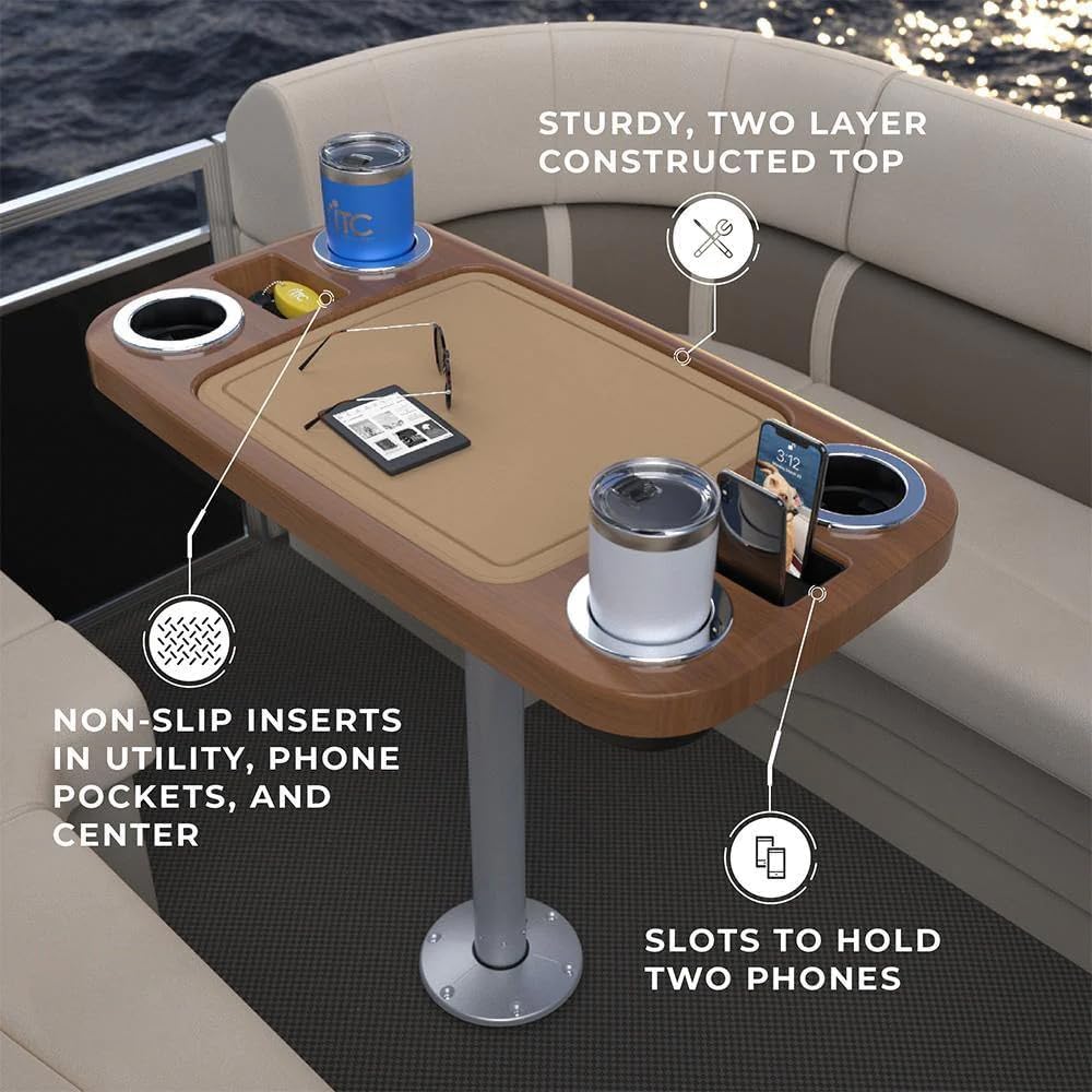 Manufacturers' Select ITC Boat Table Set - 18"x34" Removable Pontoon Boat Table with Center Non-Slip Mat, Pedestal Leg, 4 Drink Holders
