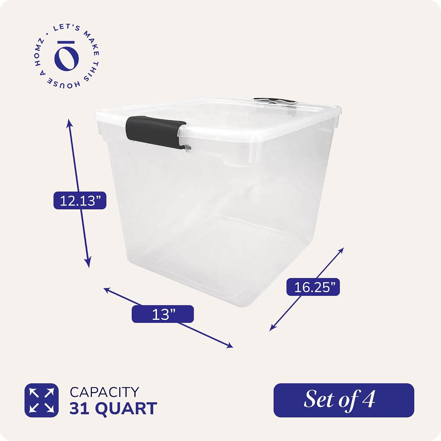 HOMZ Clear Plastic Storage Bins with Latching Lid, 15.5 Qt, Blue, 4 Pack | Stackable Container Set for Home, Office Shelves, Kitchen, Garage, and Bathroom Organization