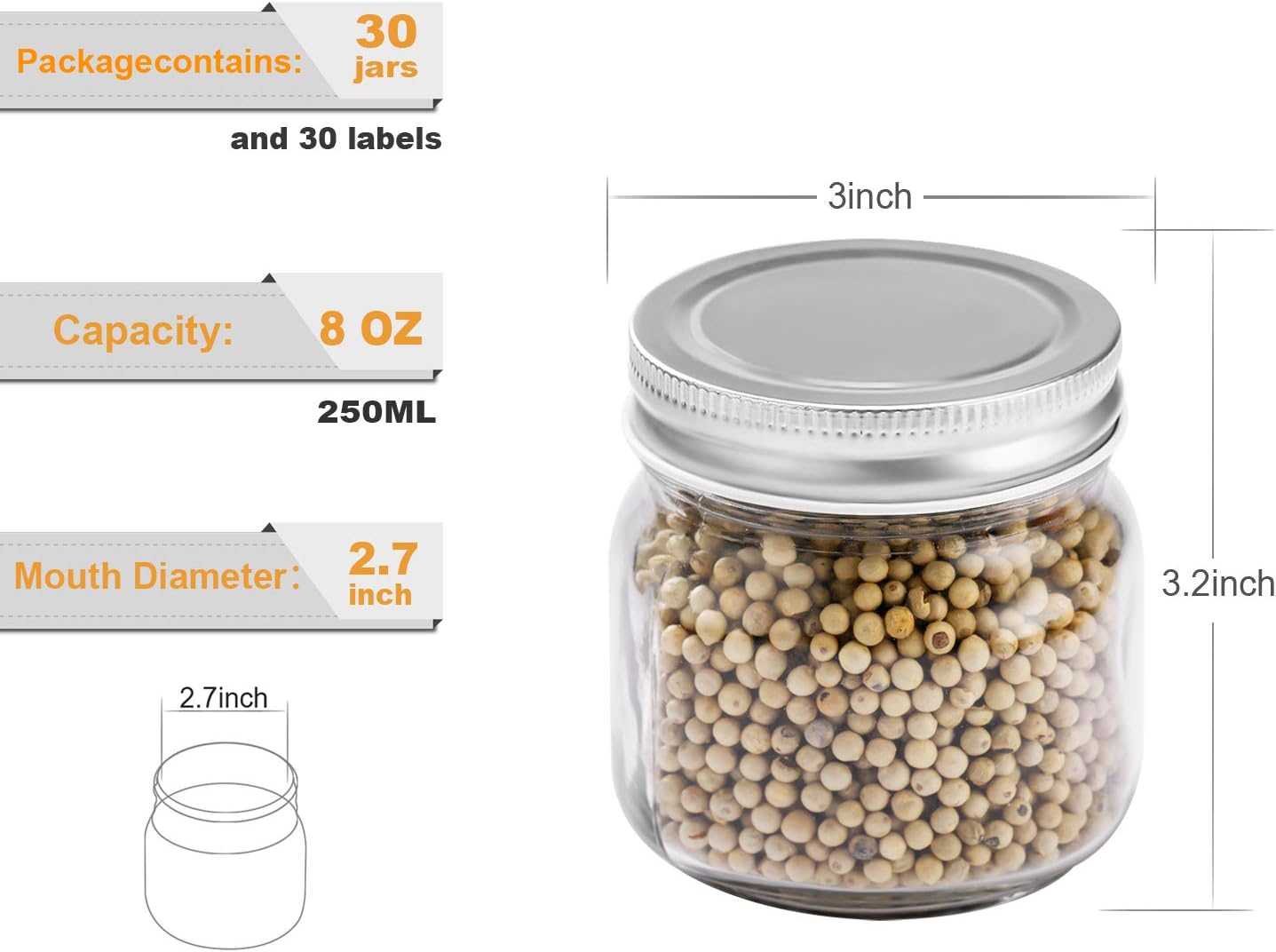 Rainforce Mason Jars 8 oz 30 Pack Small Glass Caning Jars with Silver Lids