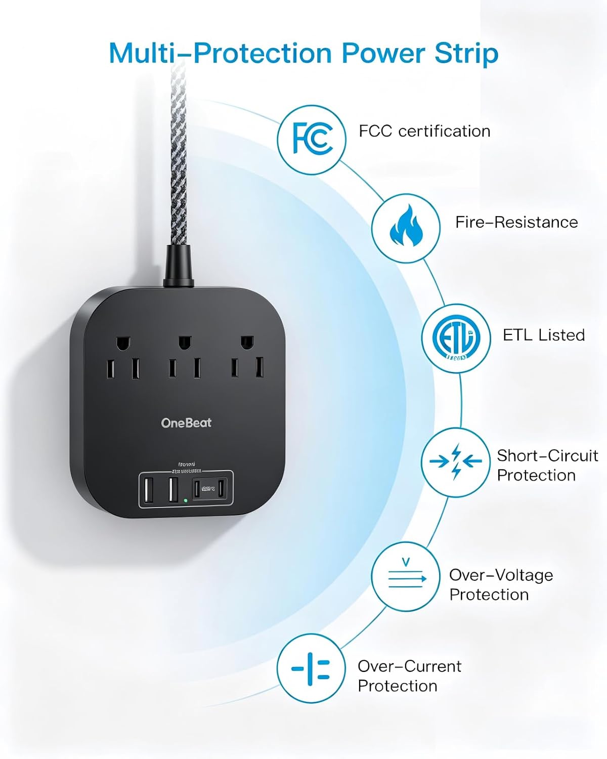 One Beat Power Strip with USB C, 3 Outlets 4 USB Ports (22.5W/4.5A), 6ft