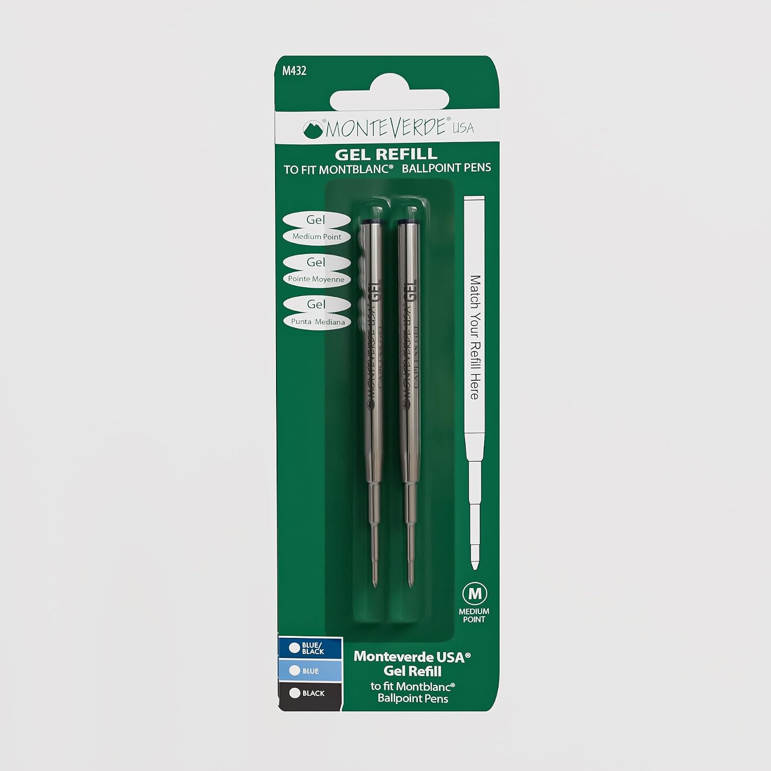 Monteverde Capless Gel Refill to Fit Montblanc, Medium, Blue/Black, 2 Pack | Capless gel refill offers smooth