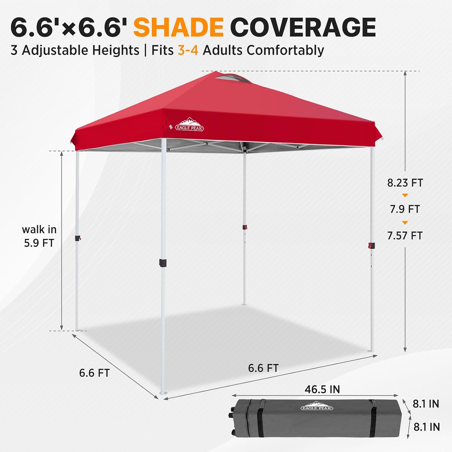 EAGLE PEAK 10x10 Pop Up Canopy Tent Easy Up Canopy Outdoor, White | Patented PeakPush™ Center Lock, 1 Person Setup Portable Pop Up Tent, Beach, Markets, Camping Sport Events, Wheeled Carry Bag