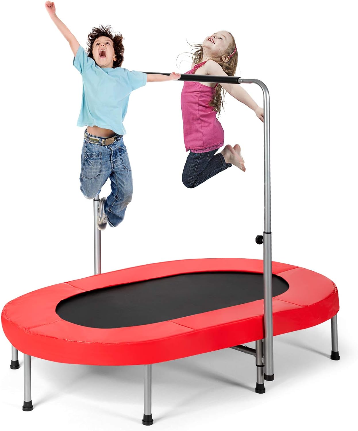 Giantex Mini Trampoline, 2 Persons Foldable Fitness Trampoline w/ 5 Levels Height Adjustable Handle, Max Load 330LBS