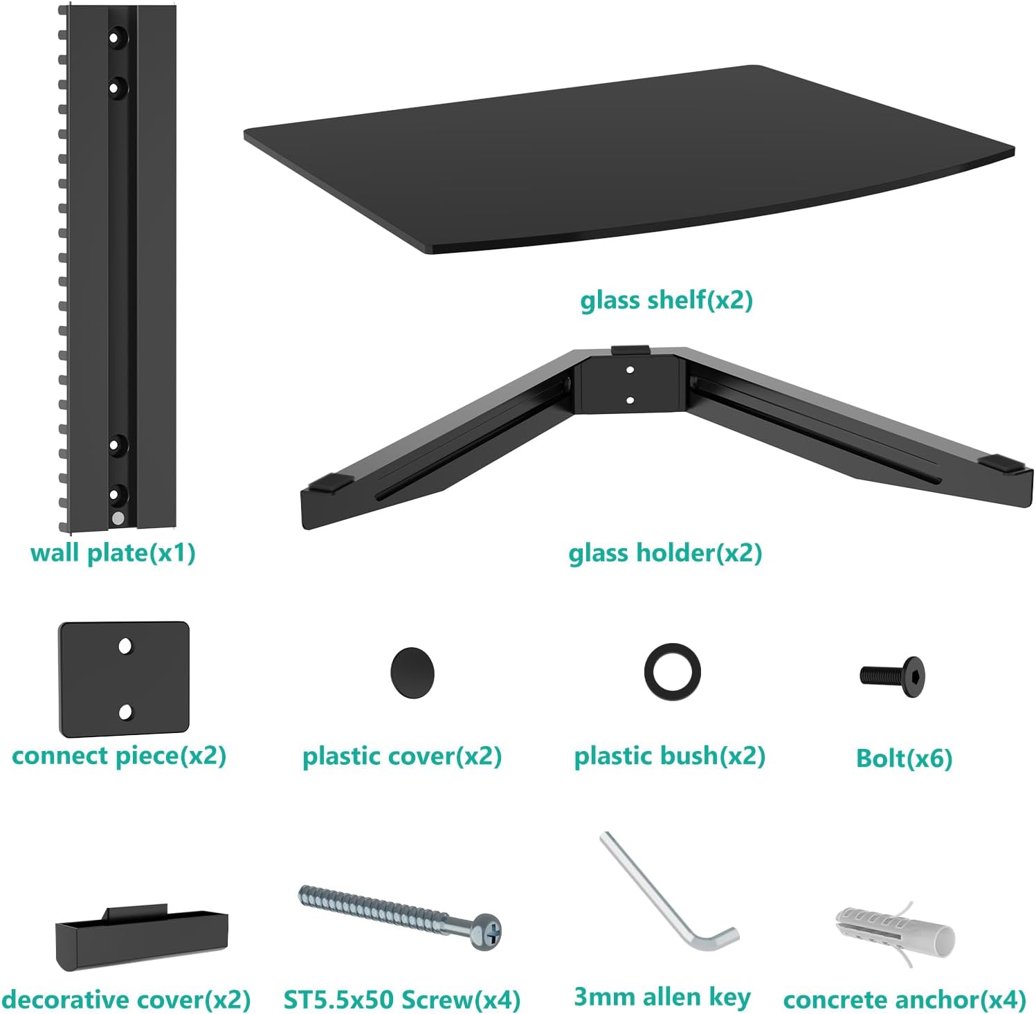 WALI Floating TV Shelf, 2 Tier Glass Projector Shelf for DVD Players, Routers, Game Consoles, Cable Boxes, Living Room Decor, Wall Mount Shelves Hold Up to 17.6lbs (CS202B), 2-Shelf, Black