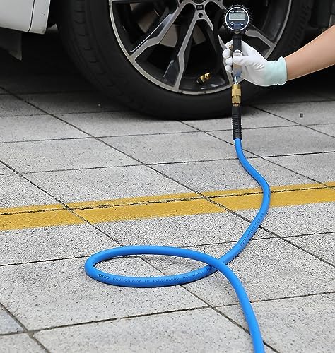 YOTOO Air Hose 3/8 in x 50 ft, Heavy Duty Hybrid Air Compressor Hose, Flexible, Lightweight, Kink Resistant with 1/4" Industrial Quick Coupler Fittings, Bend Restrictors, Blue
