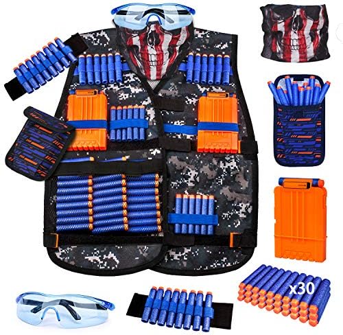 KKONES Kids Nerf Guns Tactical Vest Kit Darts Pouch Clips Mask Glasses