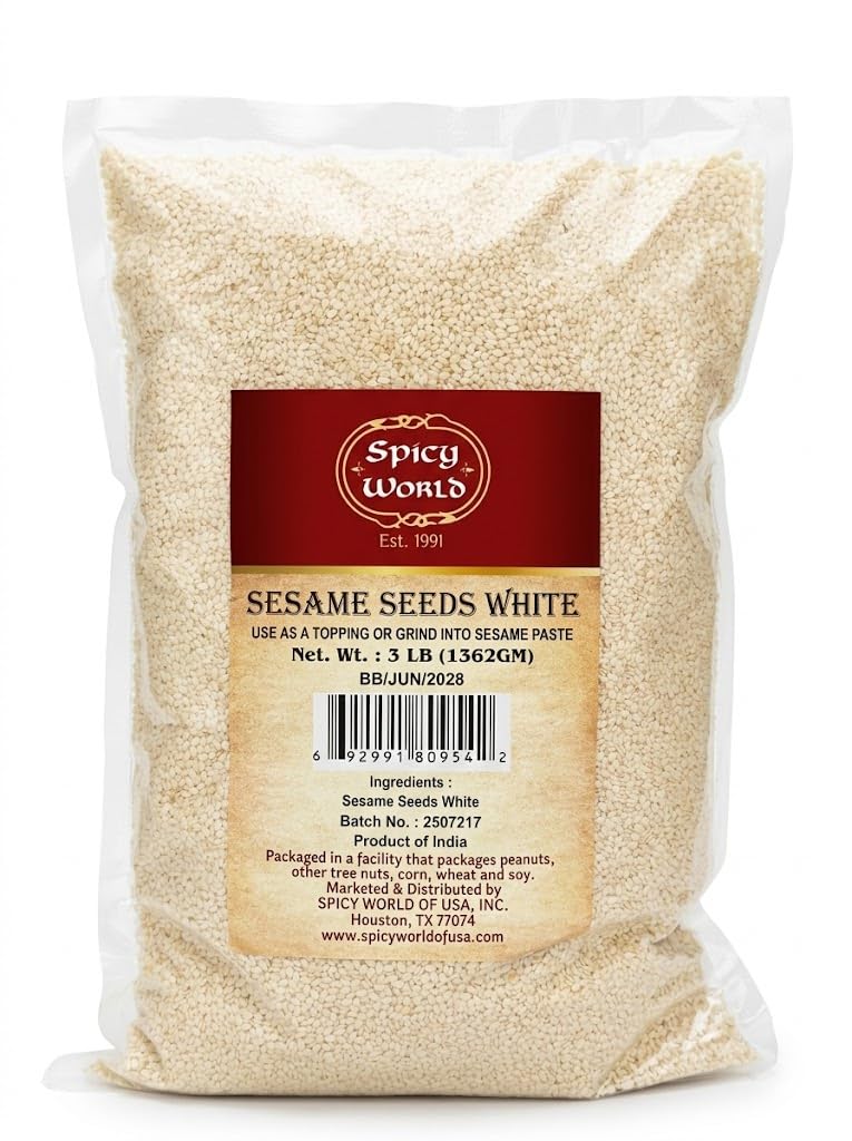 Spicy World White Sesame Seeds 3 LB Bag - Natural, Raw, Hulled, Non-GMO, Bulk Resealable Bag