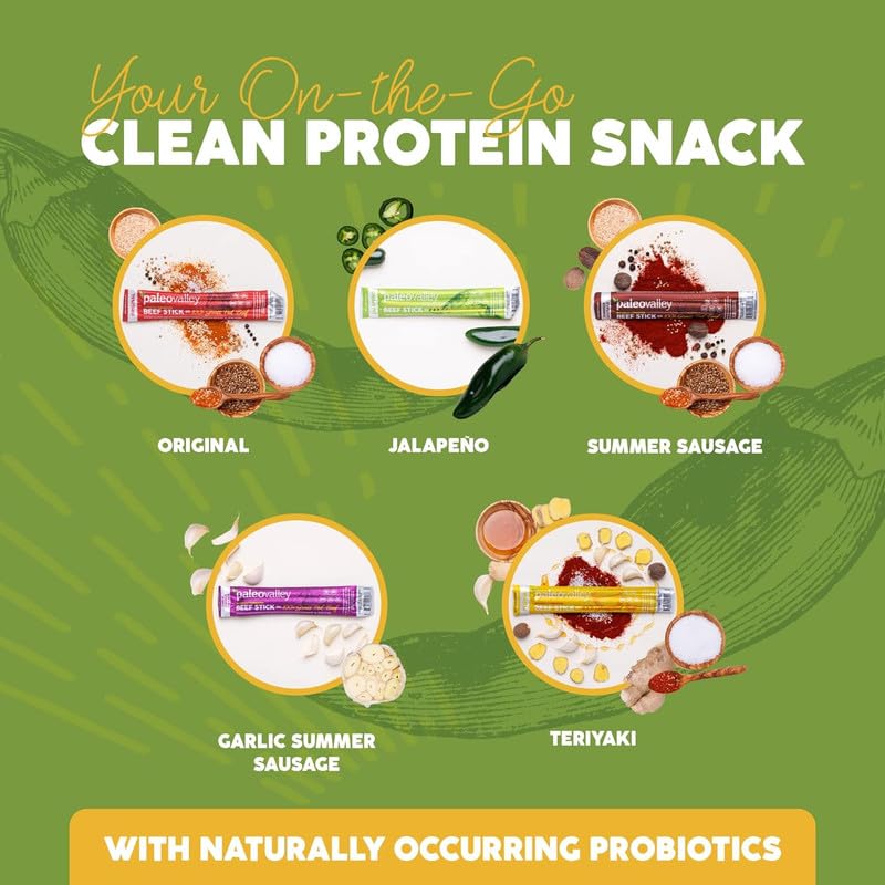 Paleovalley 100% Grass Fed Beef Sticks, Protein Snacks, Original | 10 Count, Individually Wrapped, Naturally Fermented, Gluten Free, Keto and Paleo, Made With Simple Ingredients, 6g Protein