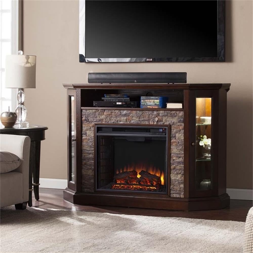 Southern Enterprises Rollins Convertible Corner Infrared Electric Media Fireplace 52" Wide, Espresso Finish and Faux Stone