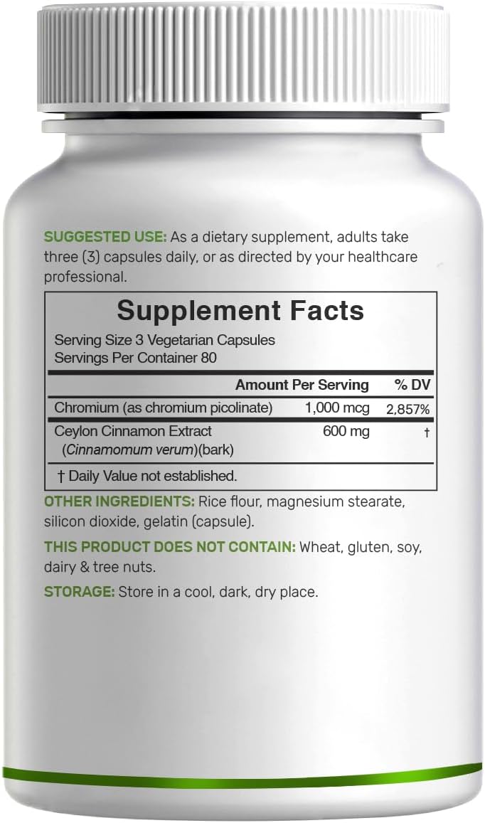 Ceylon Cinnamon with Chromium 1000mcg, 240 Capsules | Active Inner Bark Extract, True Sri Lanka Source | Natural Cinnamon Supplements