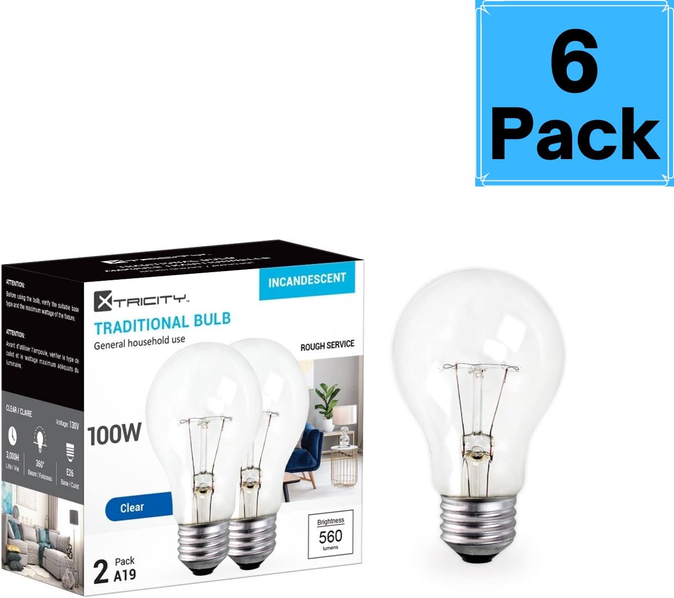 Xtricity A19 Clear Incandescent Rough Service Light Bulb, 100 Watt, 2700K Soft White, E26 Medium Base, 1020 Lumens, 130V (6 Pack)