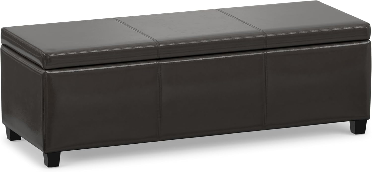 SIMPLIHOME Avalon 48" Wide Vegan Leather Storage Ottoman in Brown