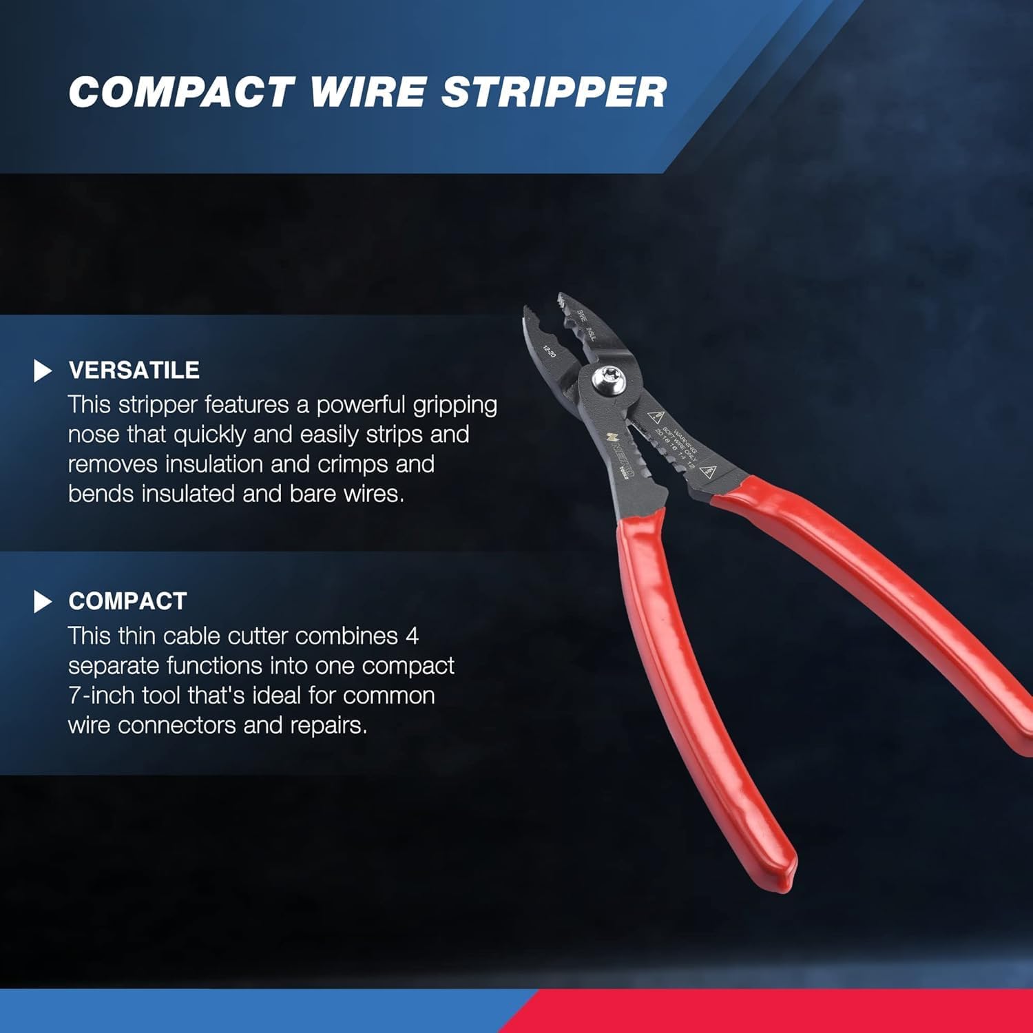 NEIKO 02037A Compact Wire Stripper | 4-in-1 Multi Purpose Electricians Pliers | Wire Crimper, Cutter and Gripper | 12-20 AWG Wire Service Tool | Crimps Insulated & Non-Insulated | Electrical Stripping