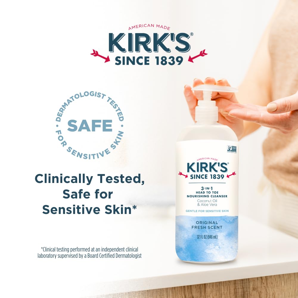 Kirk's Juniper & Lime​ 3-in-1 Nourishing Cleanser, Shampoo Body Wash Bubble Bath, Coconut Oil and Aloe Vera, Vegan Non-GMO, 32 Fl Oz