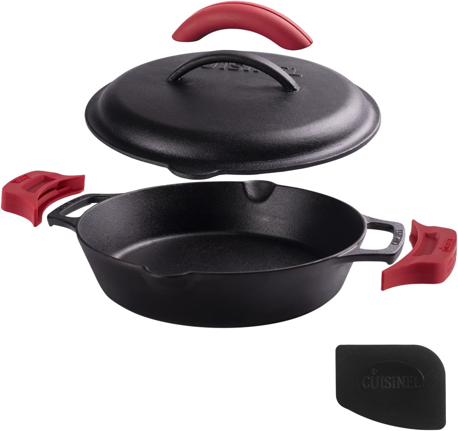 Cuisinel Cast Iron Skillet with Lid - 10"-Inch Pre-Seasoned Frying Pan + Glass Cover + Heat-Resistant Handle Holder - Indoor/Outdoor Use - Grill, Stove, Camp Firepit, Induction - Oven Safe Cookware