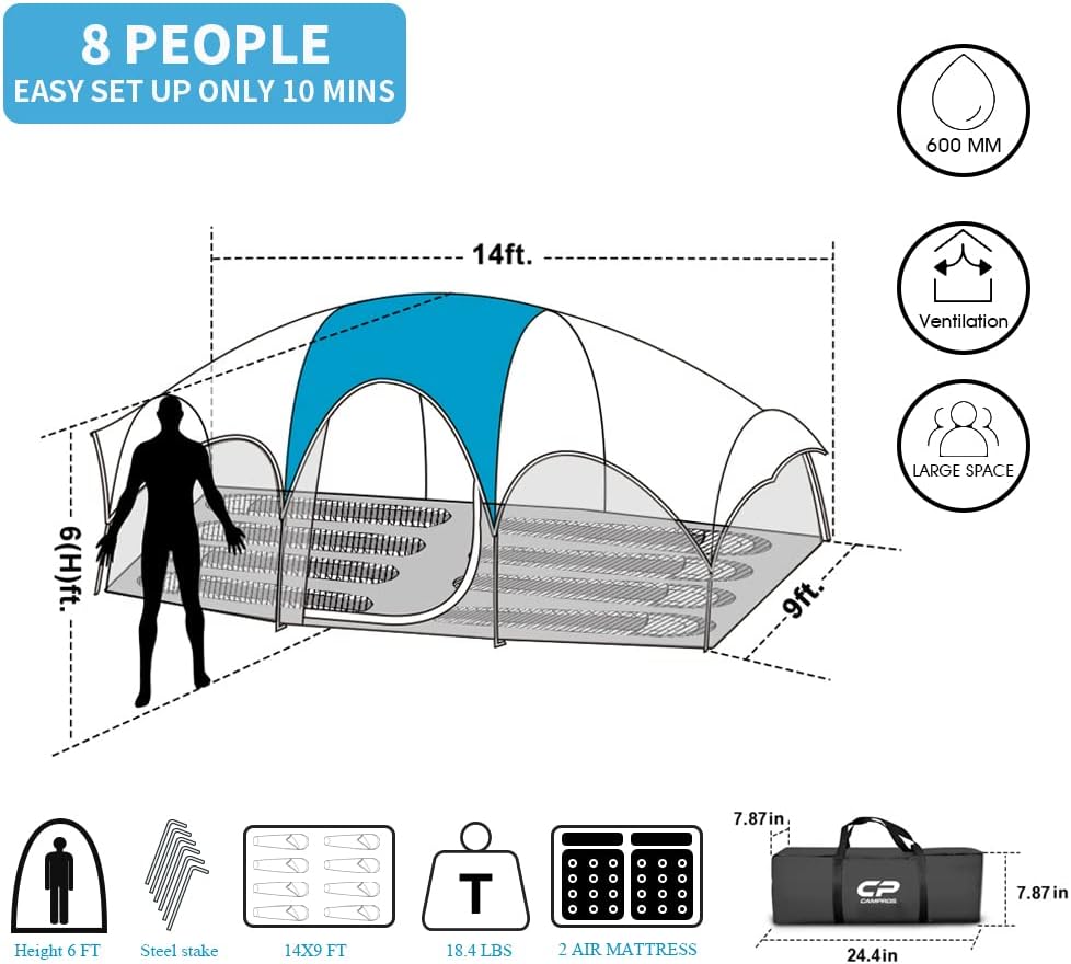 CAMPROS CP 8 Person Camping Tent, Room Divider, Rainfly, Weather Resistant