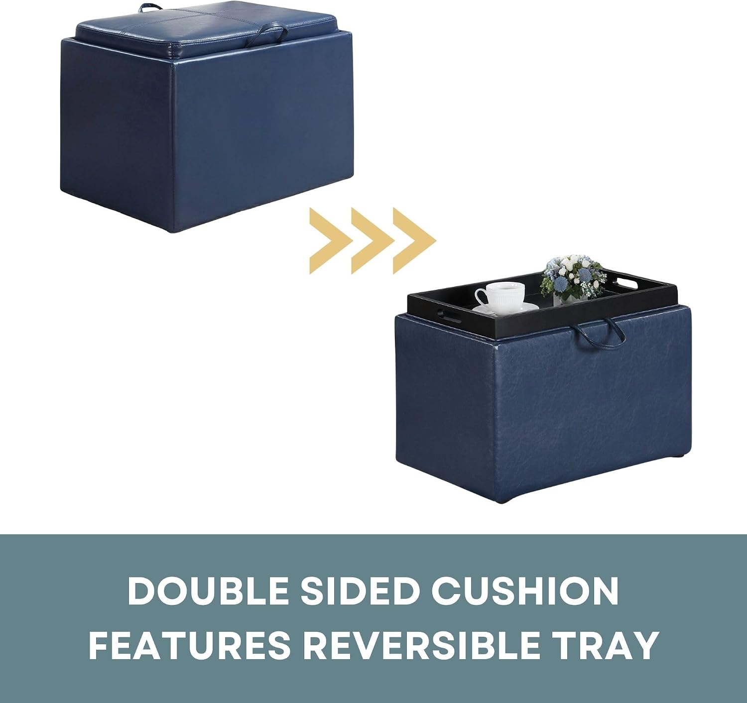 Convenience Concepts Designs4Comfort Accent Storage Ottoman 22.75" - Modern Foot Stool with Decorative Tray for Living Room, Dining Room, Office, Blue Faux Leather