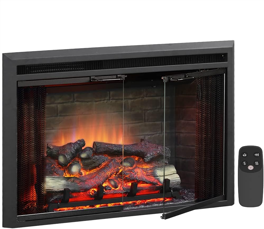 PuraFlame Klaus Electric Fireplace Insert with Fire Crackling Sound, Glass Door and Mesh Screen, 750/1500W, Black, 29 15/16 Inches Wide