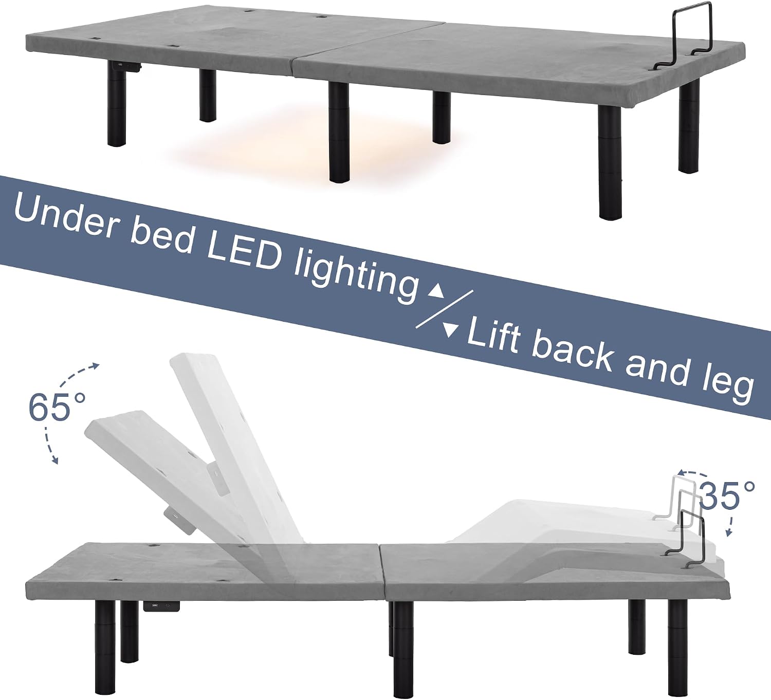 Fromann Adjustable Electric Twin XL Bed Base Frame with Massage, USB Type-C Ports, Zero Gravity, Under Bed Led Lighting and Three Leg Height (Black)