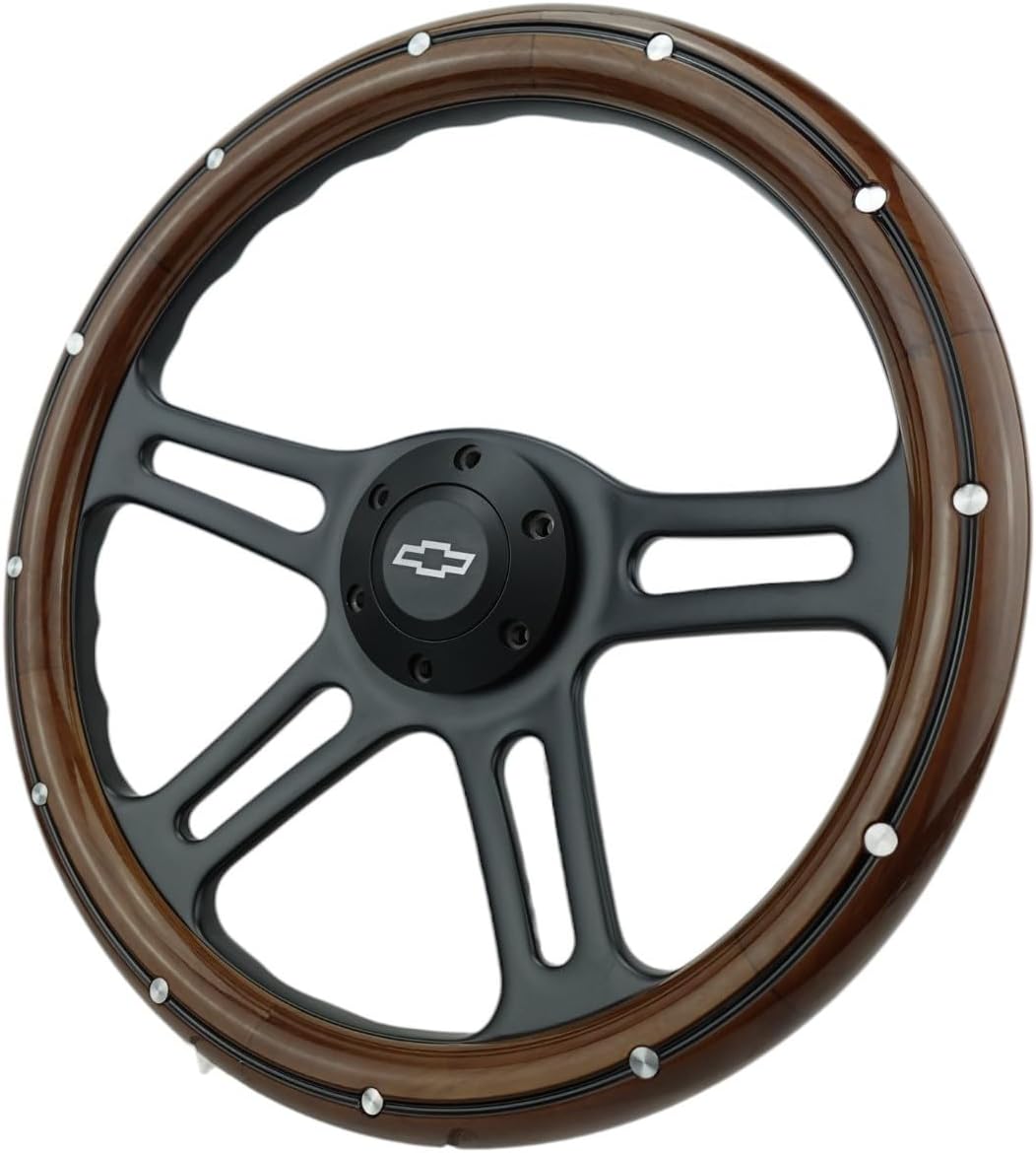 14" Billet Black Aluminum Steering Wheel w/Real Mahogany Wood Rivet Half wrap & Chevy Engraved Horn