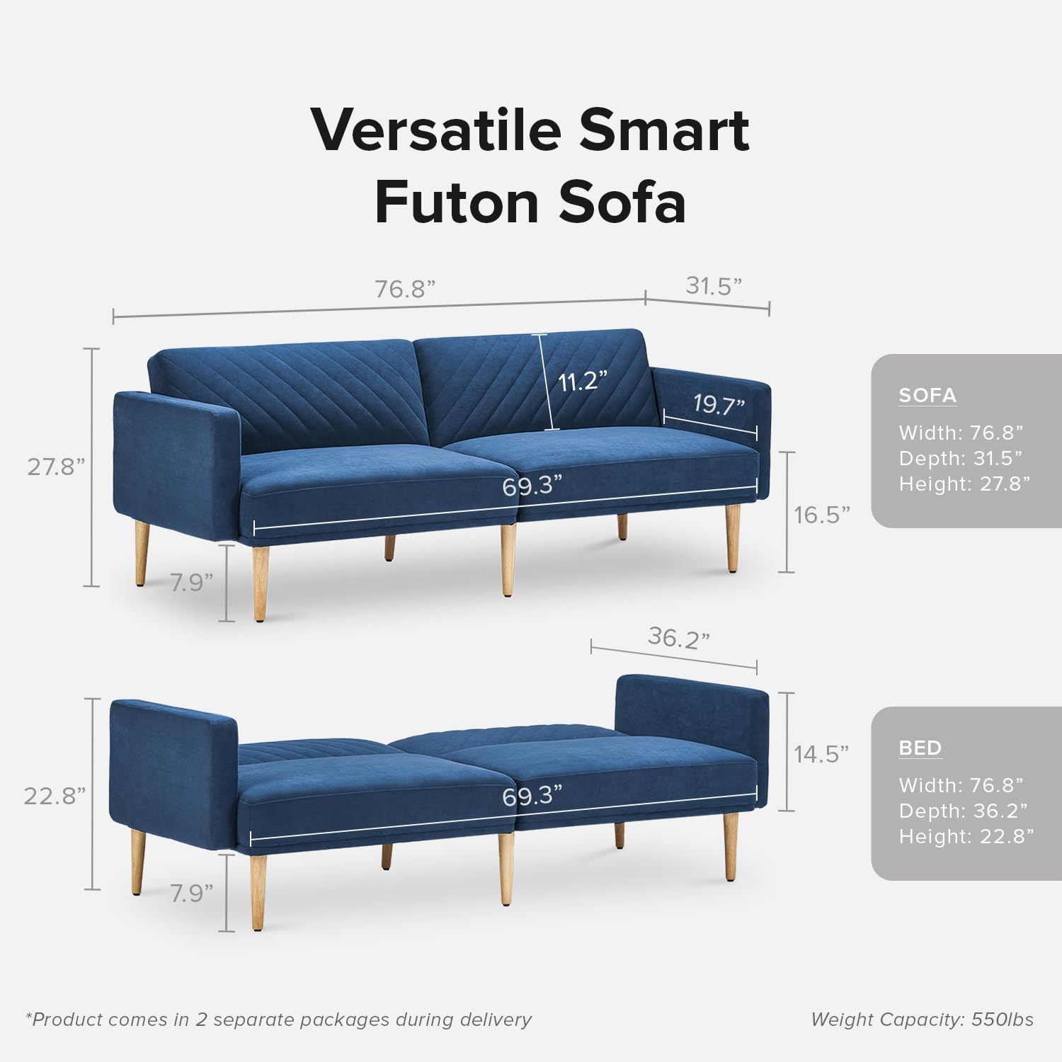 mopio 76.4" Futon Sofa Bed Chevron Styled, Sleeper Couch (Old Rosa Velvet)