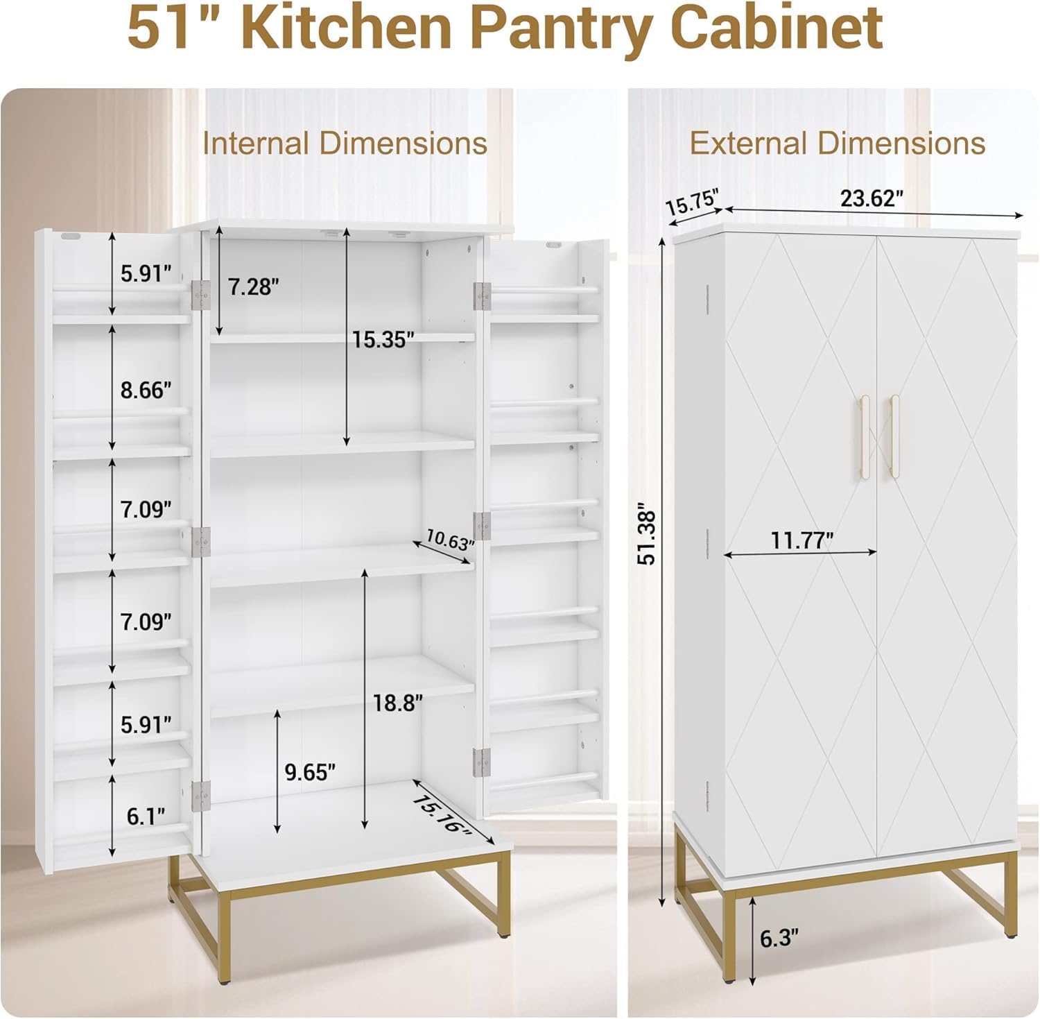 kepptory 47” Pantry Cabinet, Kitchen Pantry Storage Cabinet with Doors and Adjustable Shelves,Freestanding Buffet Cupboards Sideboard for Living Room and Dinning Room (White)