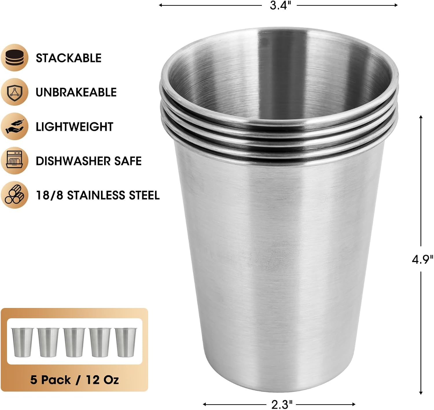 12oz Stainless Steel Cups, Metal Drinking Glasses for Kids & Adults, 5-Pack | Metal pint cup tumblers, 18/8 food-grade stainless steel, unbreakable
