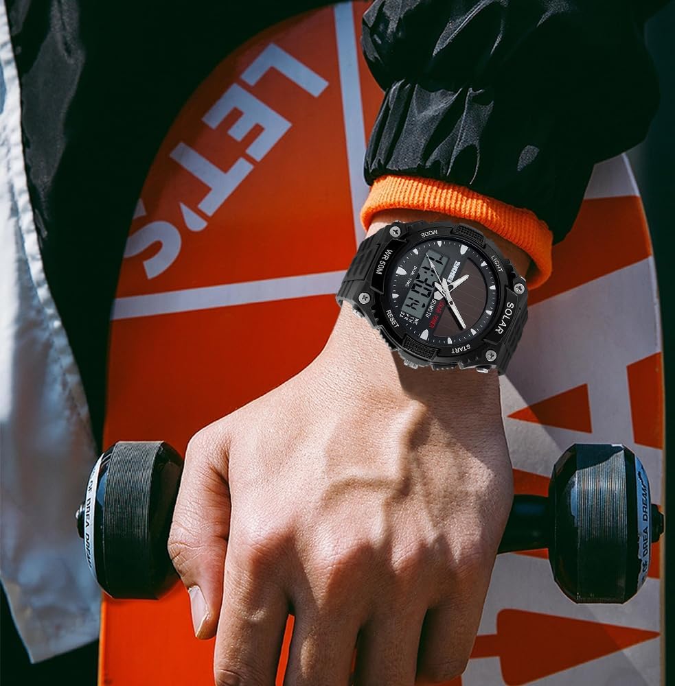 FANMIS Men Sports Outdoor Watch Analog Digital Multifunctional Black Watch | Black Sports Watch Casual Quartz Wristwatch Waterproof Military Wrist Watch Tactics LED Alarm Stopwatch Digital Watch for Men