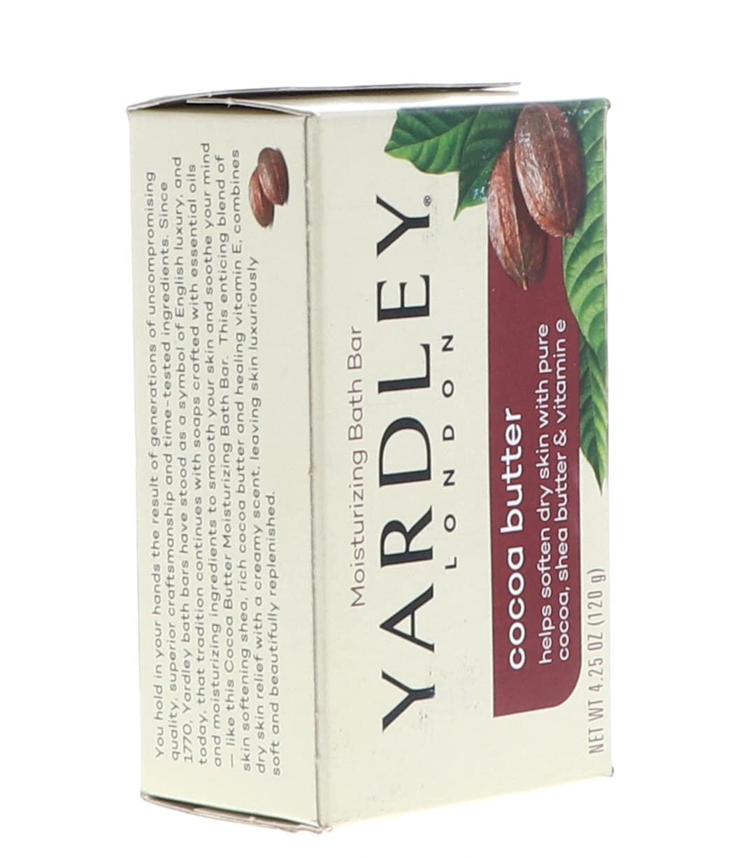 Yardley London Nourishing Bath Soap Bar Cocoa Butter, Helps Soften Dry Skin with Pure Cocoa Butter, Shea Butter & Vitamin E, 4.0 oz Bath Bar, 1 Soap Bar