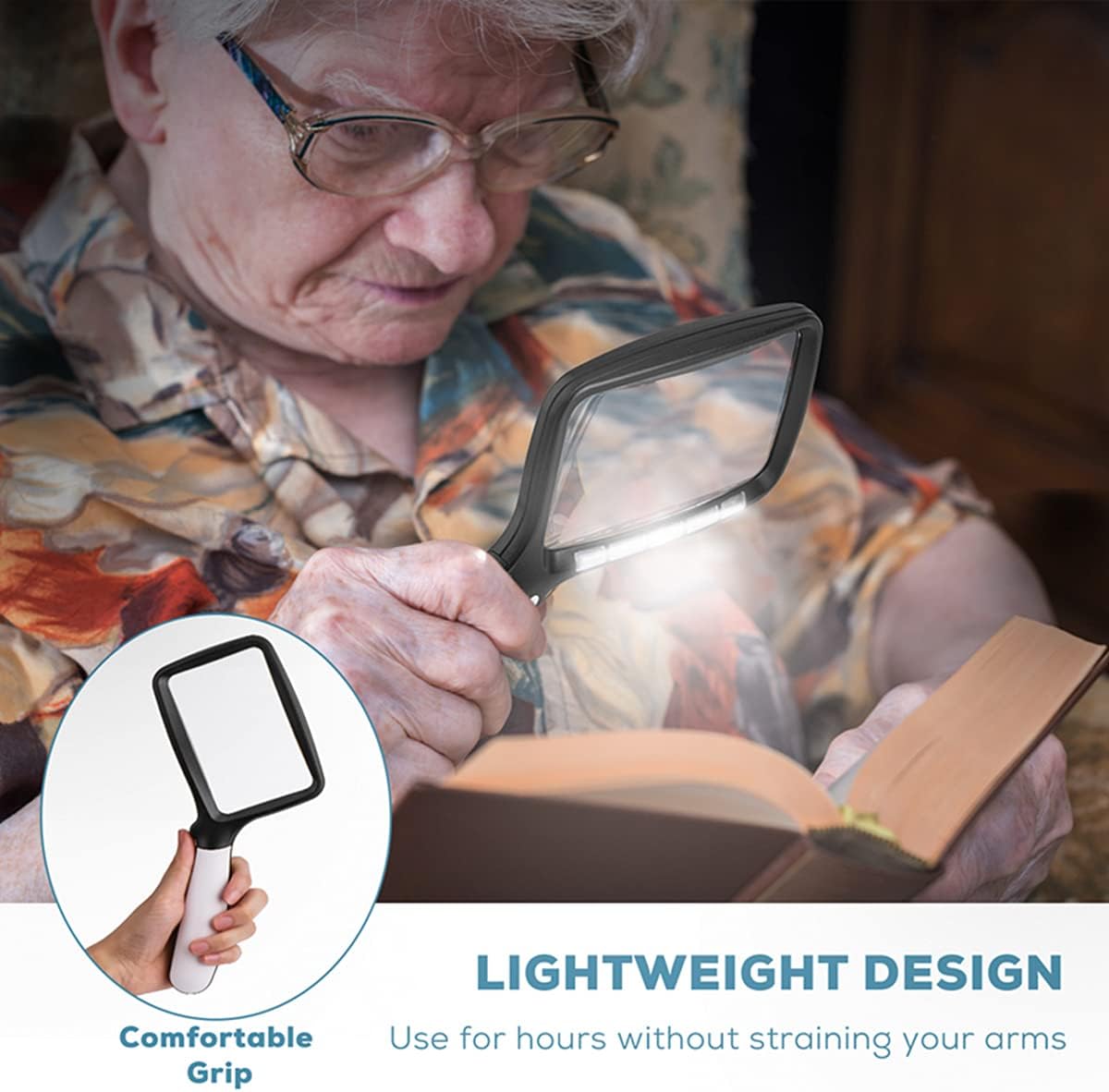 Folding Handheld Magnifying Glass with Light, 5X Large Rectangle Reading Magnifier with Dimmable LED for Seniors with Macular Degeneration, Newspaper