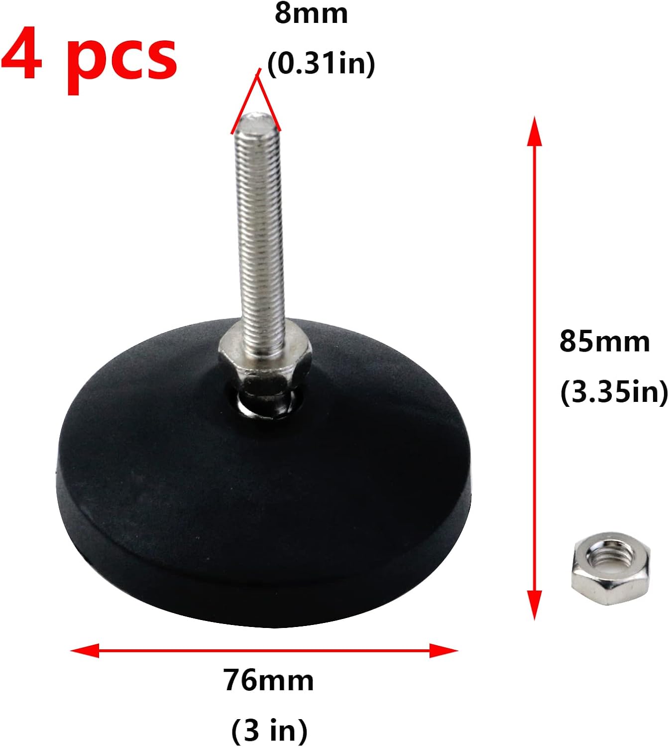 Antrader 4Pcs M8 x 2 Inch Steel Adjustable Leveling Feet,2 Inch Nylon Base | Reinforced Articulated Foot Cups for Furniture & Equipment,Anti-slip Dotted Rubber Base,Reduce Vibration & Protect Floors