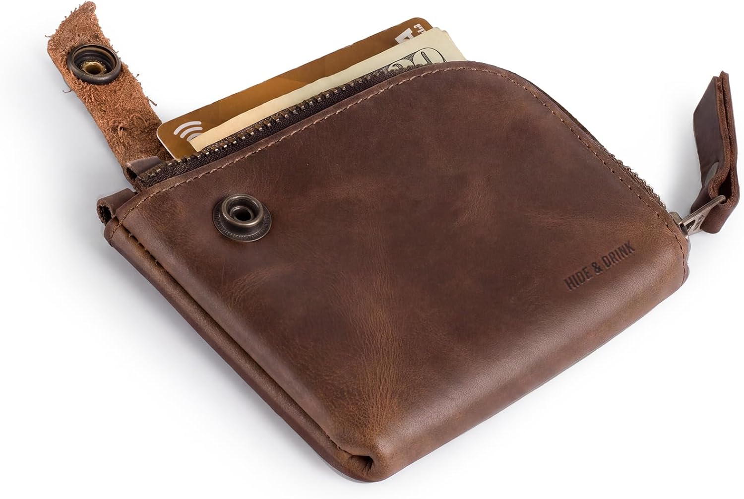Hide & Drink, Leather Zippered Wallet, Holds Up to 6 Cards Plus Folded Bills, Pouch Organizer, Cash Holder, Travel Essentials, Mini, Pocket-Size, Handmade (Bourbon Brown)