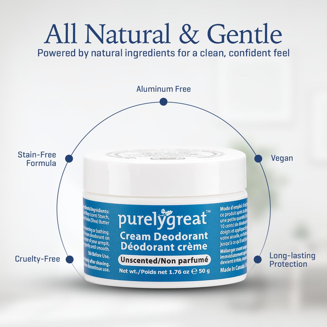 Purelygreat Natural Unscented Cream Deodorant for Women & Men | Aluminum Free Deodorant Women & Men | Vegan & Long Lasting Odor Control | Chemicals, Parabens, BPA & Cruelty Free | 1.76 oz