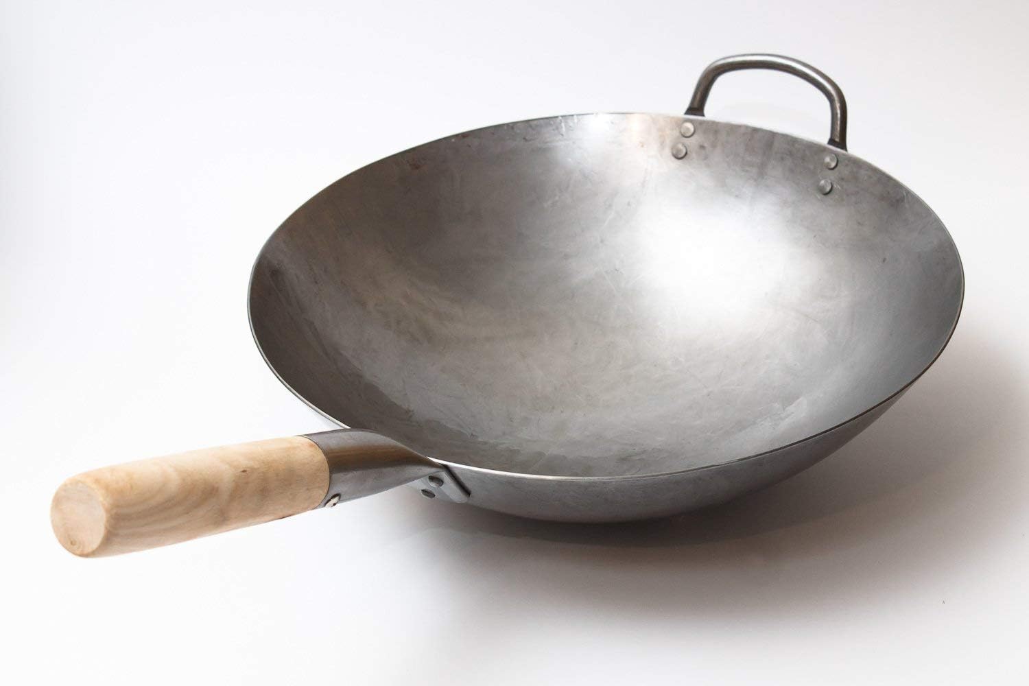 Craft Wok Traditional Hand Hammered Chinese Carbon Steel Wok with Wooden and Steel Helper Handle (14 Inch, Round Bottom Pow Wok Pan) / 731W88