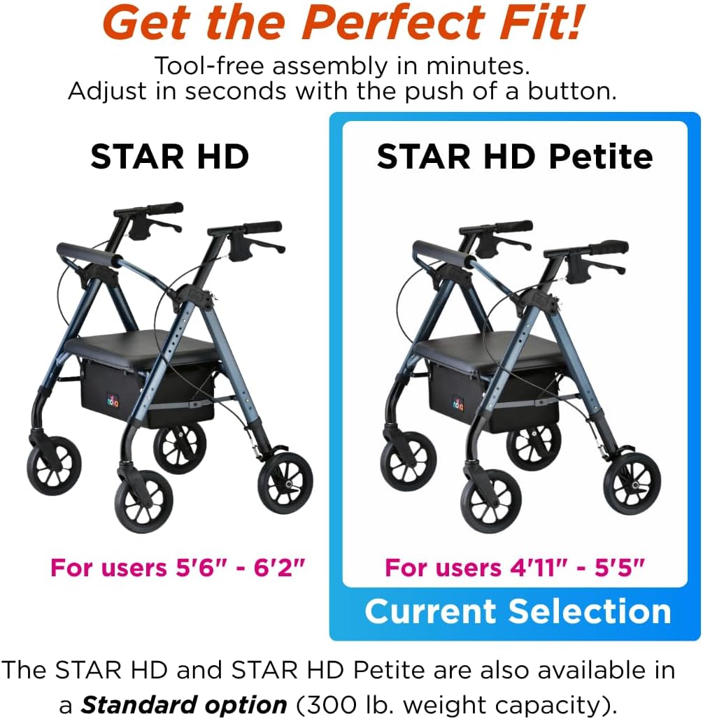 NOVA Star Heavy Duty Petite Rollator Walker with Large Padded Seat, 8" All-Terrain Wheels, Locking Hand Brakes, Height Adjustable