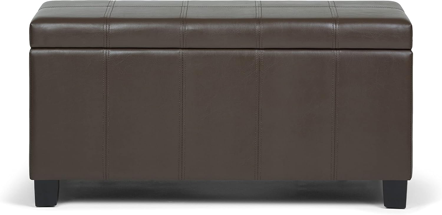 SIMPLIHOME Dover 36" Wide Vegan Leather Storage Ottoman in Midnight Black | Distressed umber brown, contemporary ottoman with lift-top and safety hinges; rectangle storage bench for living room.