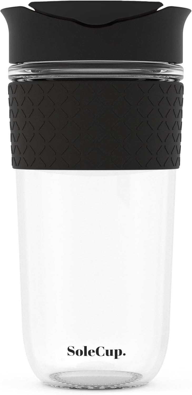 Large Travel Mug - Reusable Glass Coffee Mug - 18oz/530ml BPA-Free Hot Drink Travel Mug with Lid & Silicone Band (Black, 18oz)