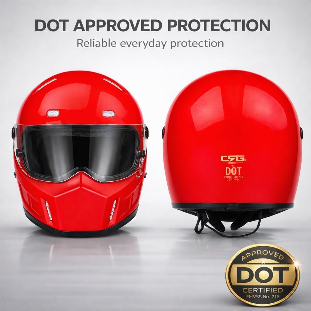 CRG Sports Retro Full Face Motorcycle Helmet, DOT Approved Fiberglass Street Bike Helmet with Clear Visor, Lightweight Cafe Racer Cruiser Motorcycle Helmet