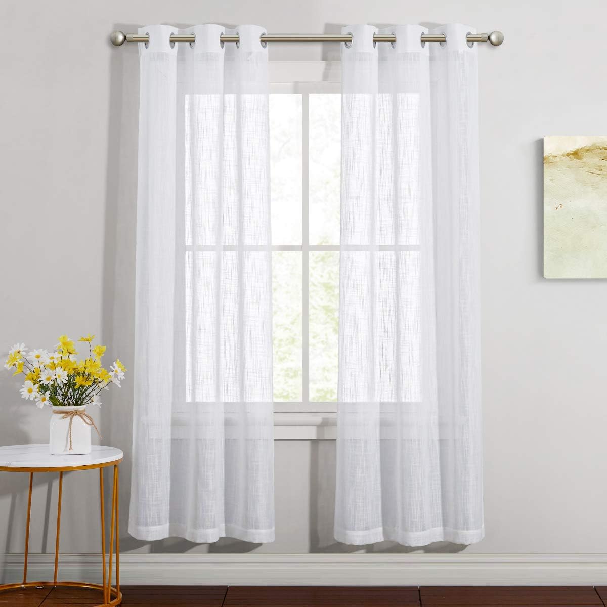 NICETOWN Linen Curtains White Semi Sheer 72 inch Long for Windows, Privacy with Light Filtering Grommet Top Window Treatments for Bedroom/Living Room