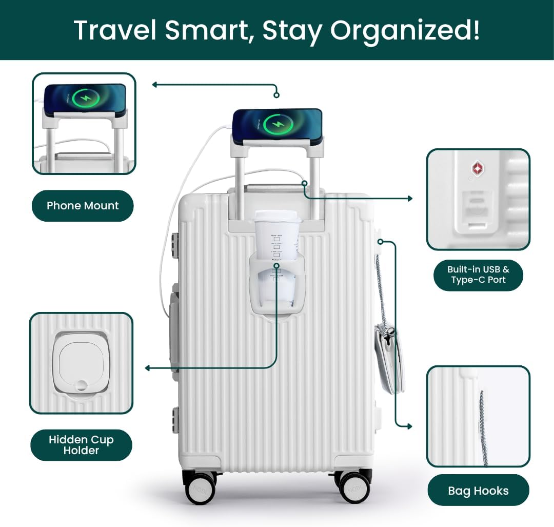 Nobl Travel Carry on Luggage, Zipperless Aluminum Frame, TSA Locks | PC Hard Shell Suitcase, Airline Approved, 360° Spinner Wheels, USB Charging Port, Cup & Phone Holder, 22.5x15x9.5, Ivory