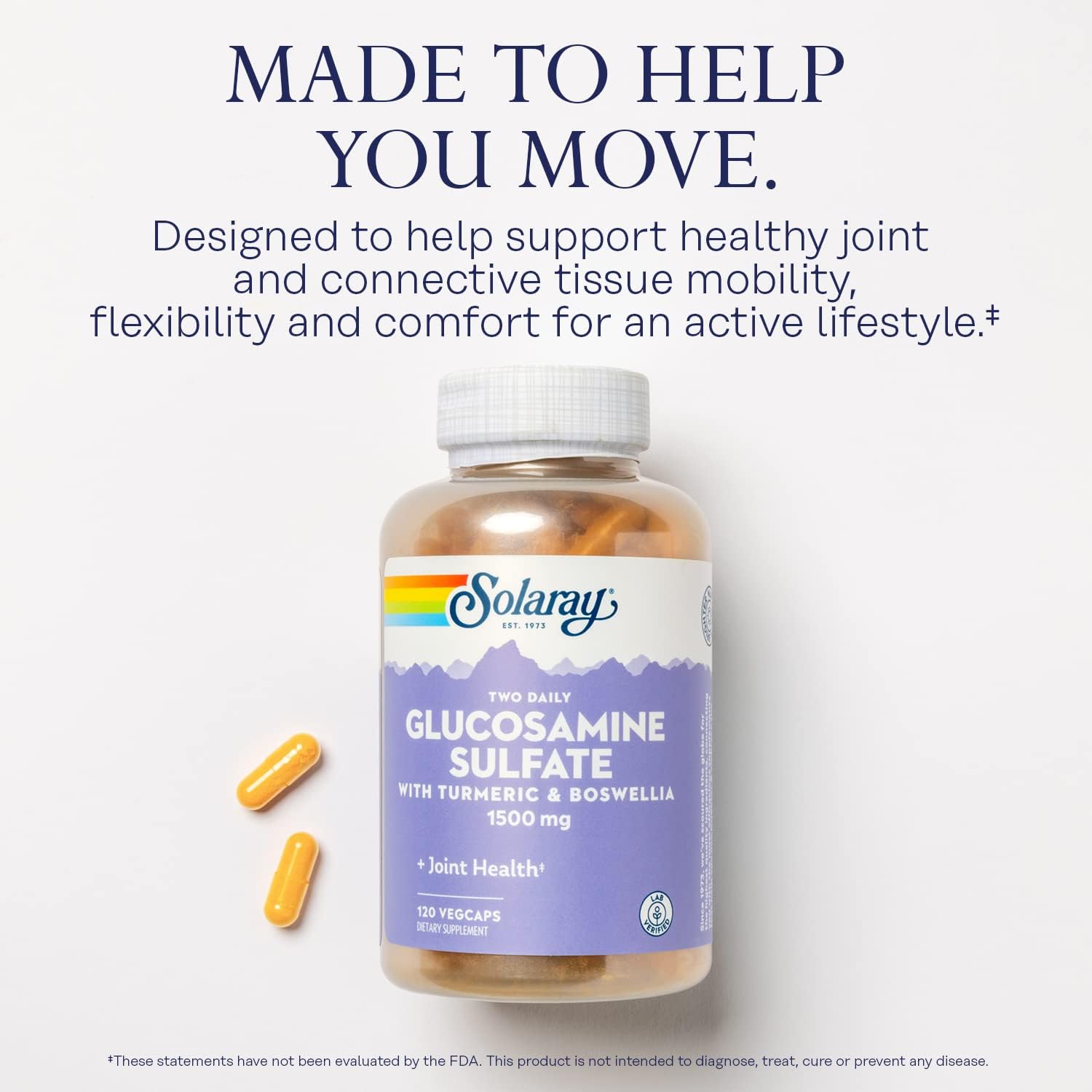 SOLARAY Glucosamine Sulfate 1500 mg, 120 VegCaps | Joint Mobility & Connective Tissue Support - Glucosamine, Turmeric & Boswellia - 60 Servings - Lab Verified
