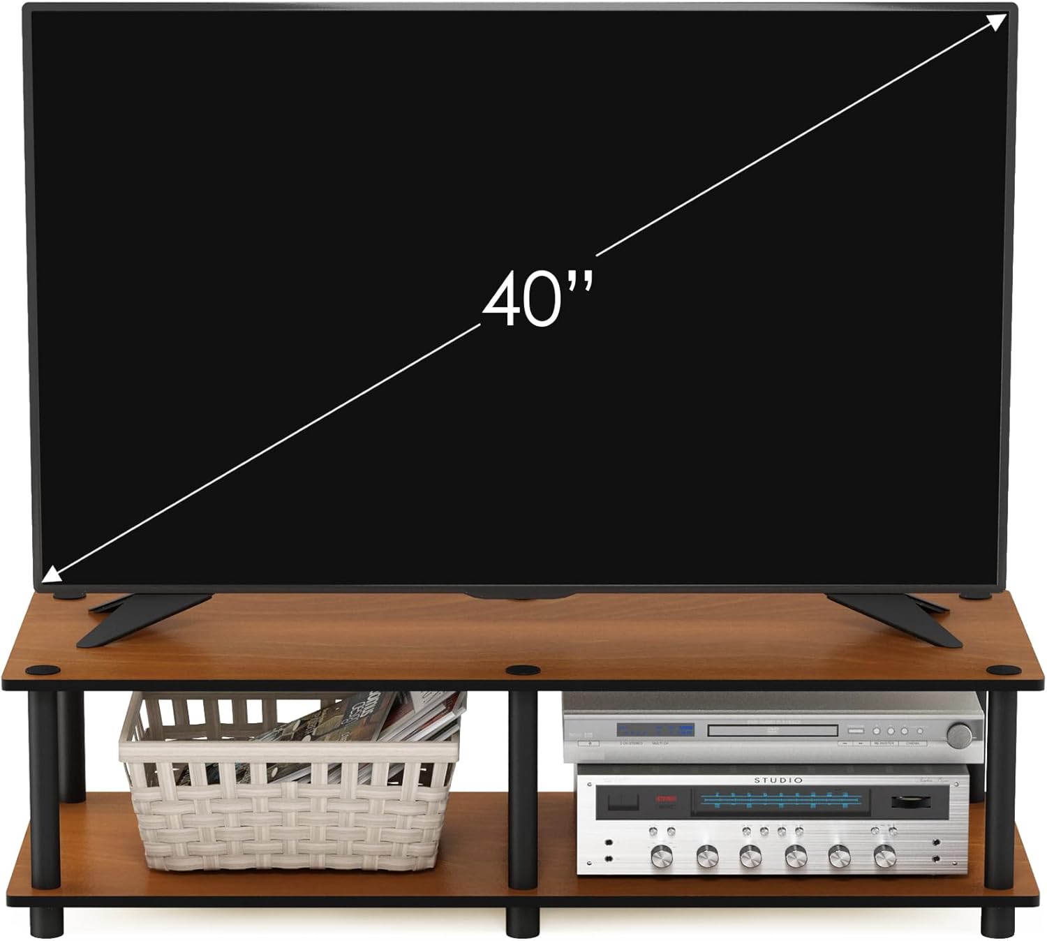 Furinno Turn-N-Tube TV Riser Stand, 2-Tier Small Elevated No Tools TV Stand, TV Console for TV up to 32 inch, 15.8 x 23.8 x 11, for Living Room, Bedroom, French Oak/Black