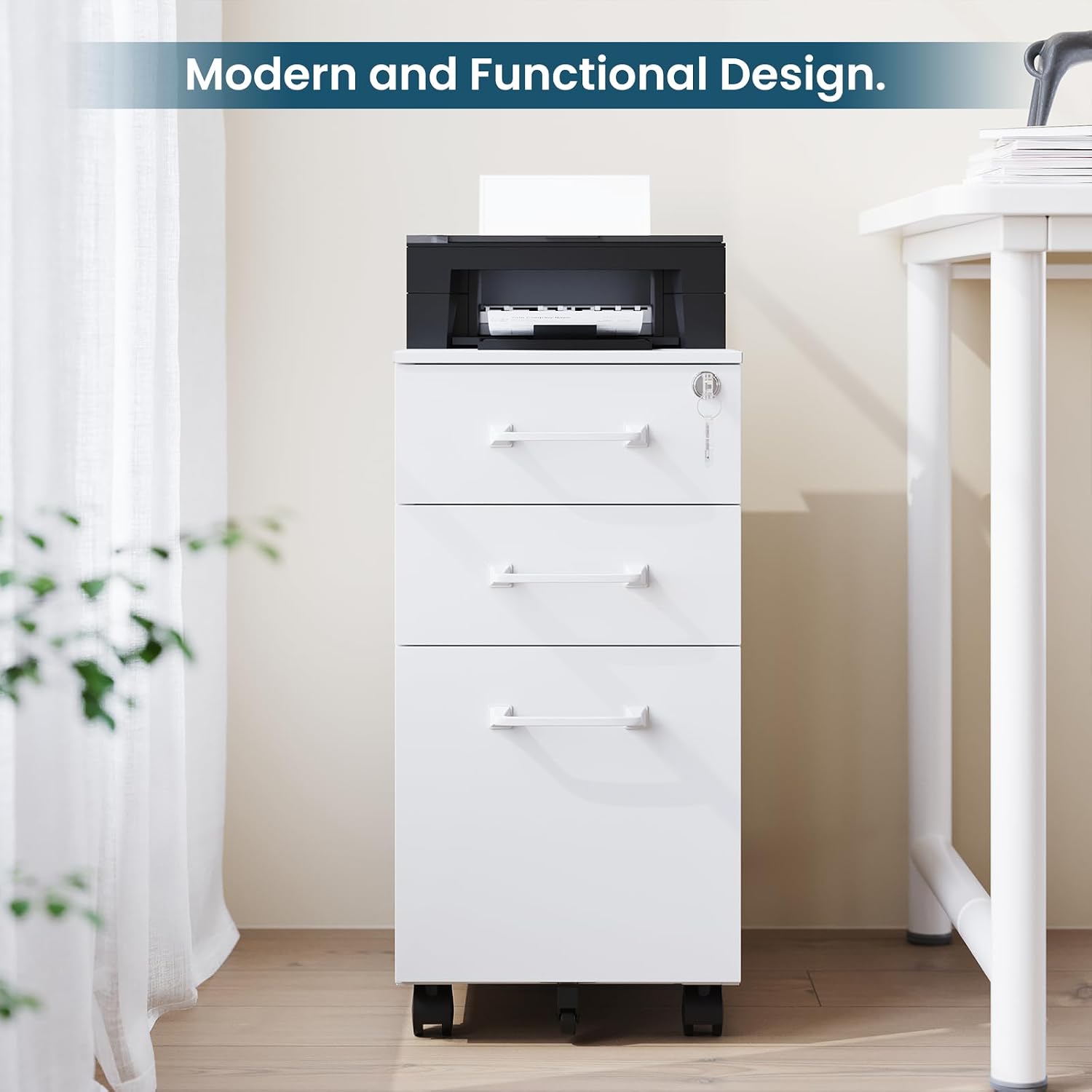 MIIIKO 3 Drawer File Cabinet with Lock, Metal Lateral Rolling Printer Stand Filing Cabinets for Home Office Storage,A4, Letter,File Folders(White)