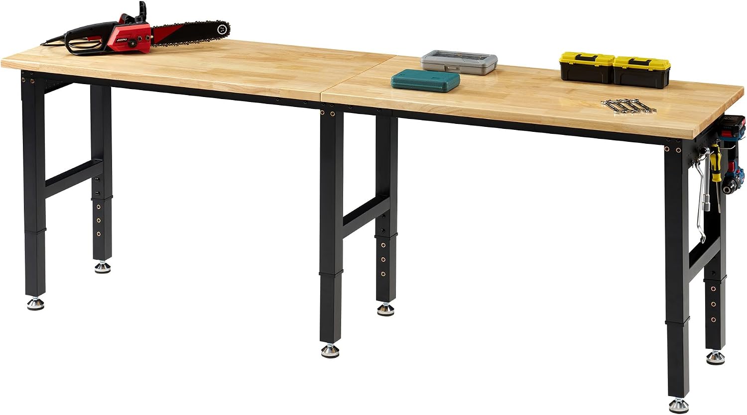Albott 44 x 20-Inch Adjustable Workbench | 2000 Lbs Capacity, Solid Rubber Wood Top, Power Outlets and Hooks, for Garage, Workshop and Home Office, Black