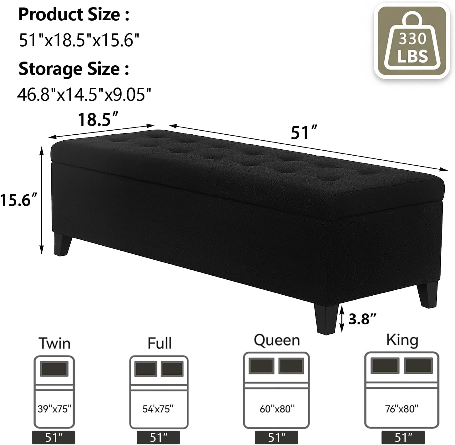 51 Inch Storage Bench,Leather Tufted Storage Ottoman with Legs | Safety Hinges,Wooden Legs,Upholstered,End of Bed,Bedroom,Living Room,Entryway,330LBS,Brown