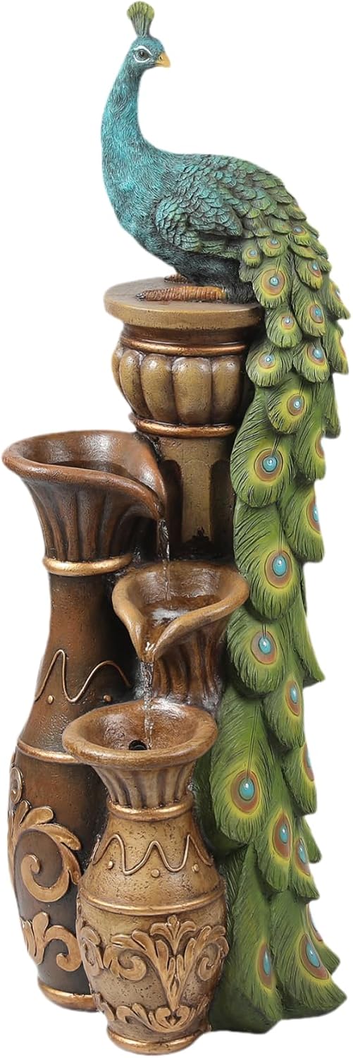 LuxenHome 44" Peacock Outdoor Water Fountain with Lights, Garden Waterfall